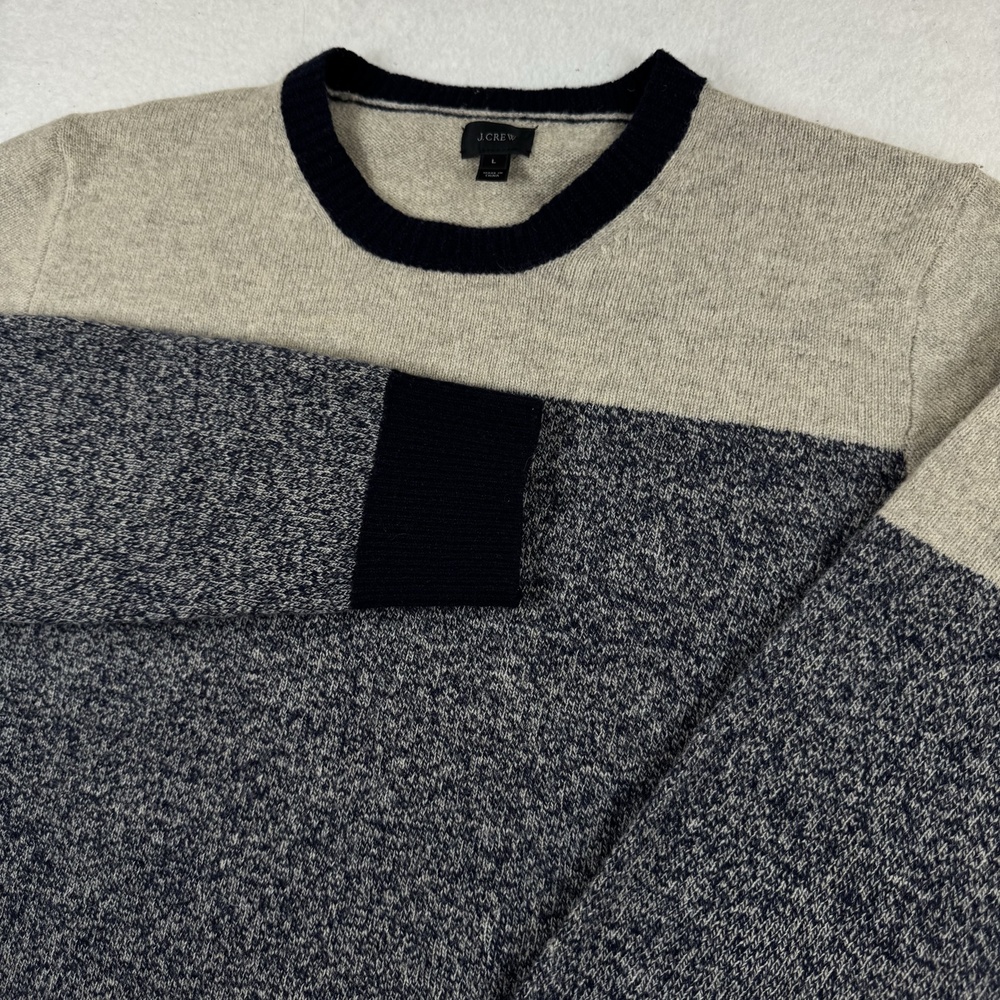 J.Crew Sweater Mens Size L Blue Tan Lambswool Heathered Crew Neck Knit Pullover